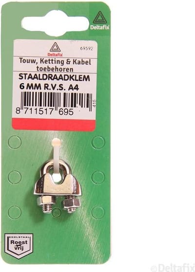 Staaldraadklem.Beugel. 6 mm. RVS-A4. Deltafix.