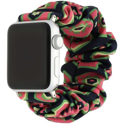 123watches bandje Savara - scrunchie - nylon - donkerblauw met roze en groen - 38 · 40 · 41 & 42 mm · S/M - Geschikt voor Apple Watch series 1/2/3/4/5/6/7/8/9/10/11/12/SE/SE2/SE3