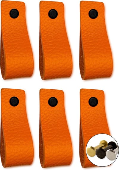 Leren handgrepen - Oranje - 6 stuks - 16,5 x 2,5 cm - Handgrepen leer - Leren meubelgreep - Leren handvaten kast - Leren lus - Handgreep kast leer - Leren greepjes - Handvat leer - Leren deurgreep - Leren handgreep oranje