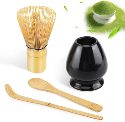Famanu Matcha klopper set – Matcha-set – 4-delige Matcha-theeset, Matcha-klopper, Matcha-kom, Chasen en Matcha-lepel – Matcha-accessoires voor de theeceremonie – Groen (Matcha Black (zonder kom))
