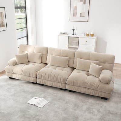 Pugsdrly Modulaire hoekbank met 3 zitplaatsen en diepe zitting, comfortabel gestoffeerde slaapbank in chenille voor woonkamer, appartement, studio, kantoor, lichtbruine chenille
