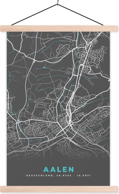 Posterhanger incl. Poster 40x60 cm - Schoolplaat - Stadskaart – Aalen – Duitsland – Plattegrond – Kaart - Textielposter - Blanke latten - Stadskaart