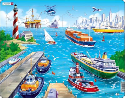 Larsen De haven – Puzzel – Voertuigen & Techniek – Haven en scheepvaart – Educatieve legpuzzel voor kinderen – 35 stukjes – Gemaakt in Noorwegen – Extra dikke 2,5 mm stukjes – Tray met vaste rand