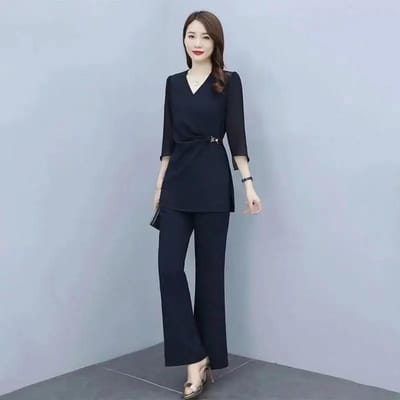 Costume pantalon à jambes larges de couleur unie pour femmes, en mousseline de soie, tempérament d'été, loisirs professionnels, tissu deux pièces léger et respirant M gray