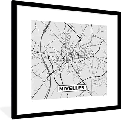 Fotolijst incl. Poster Zwart Wit- Stadskaart – Zwart Wit - Kaart – Nivelles – België – Plattegrond - 40x40 cm - Posterlijst