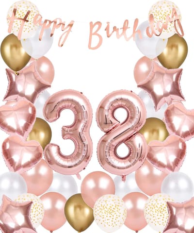 Snoes Ballonnen 38 Jaar Rose Gold White Dots - Compleet Feestpakket met cijfer ballon 38 jaar - Verjaardag Versiering Slinger Happy Birthday – Folieballon – Latex Ballonnen - Helium Ballonnen - Rose Feestpakket