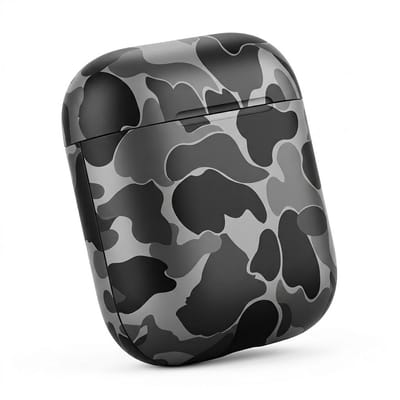 Grijs hoesje voor oordopjes unisex met camouflage patroon en matte afwerking geschikt voor AirPods 4 met compact en rondomsluitend ontwerp