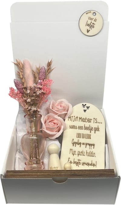 Geschenkbox liefste METER | roze | mini - vaasje | houten poppetjes | liefste meter | meter vragen | meter worden | peettante vragen | peettante worden | cadeau | geschenkdoos | giftbox