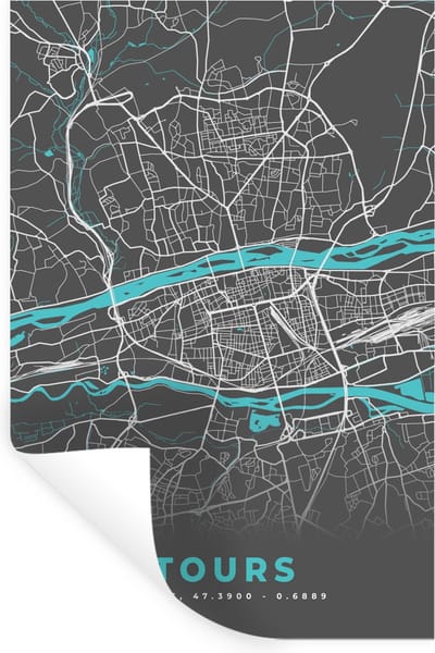 Muurstickers - Sticker Folie - Tours - Plattegrond - Frankrijk - Kaart - Stadskaart - 20x30 cm - Plakfolie - Muurstickers Kinderkamer - Zelfklevend Behang - Zelfklevend behangpapier - Stickerfolie
