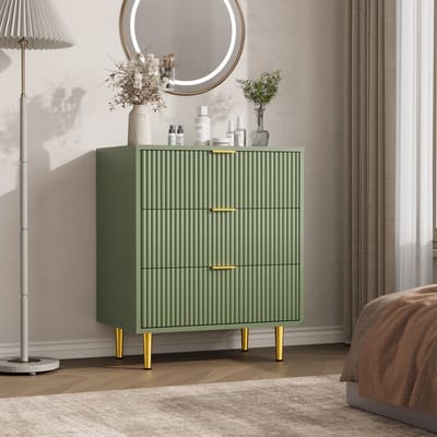Ladekast met 3 Lades - Moderne Commode met Geribbelde Voorkant - Gouden Handgrepen & Metalen Poten - Voor Slaapkamer, Woonkamer en Hal - Boter groen