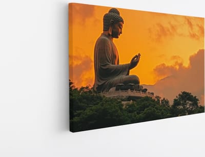 Saammp Canvas Schilderij - Boeddha op een berg met zonsondergang - 45x30 - Foto op canvas - Wanddecoratie - Muurdecoratie Woonkamer - Canvas schilderijen