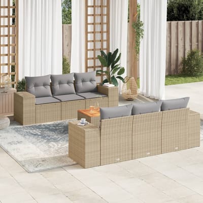 vidaXL - 7-delige - Loungeset - met - kussens - poly - rattan - beige