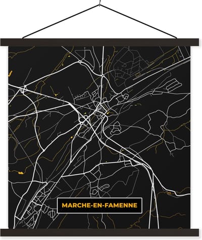 Posterhanger incl. Poster 60x60 cm - Schoolplaat - Goud - Stadskaart - Marche-en-Famenne - Kaart - Plattegrond - Textielposter - Zwarte latten - Stadskaart