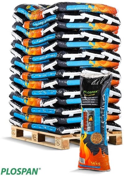 Plospan Houtpellets "wit" (naaldhout) ENplus A1, DINplus A1, Better Biomass 56 zakken a 14 kg