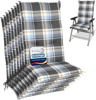 Beautissu Sunny BK – Set van 8 Tuinkussens Hoge Rug 120x50 cm met UV-lichtechtheid Comfortabele Tuinstoel Zitkussen Blauw Grijs geruit