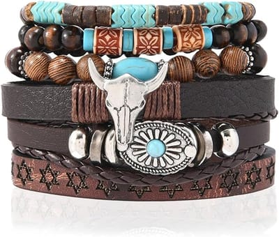 Daity 1 armband in westernstijl, cowboyarmband in countrystijl, stapelbare vintage kralen hanger in cowboy-bohemienstijl met turquoise koe, sieradenset met elastische kralen in countrythema (bruin)