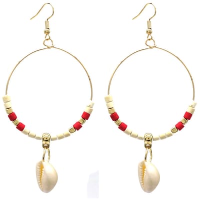 Oorbellen Rond - Schelp en Kralen - 8x4,5 cm - Rood