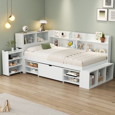 MODFU Kinderbed 90x200 cm van plywood – wit – met opberglades en boekenrek – multifunctioneel ontwerp