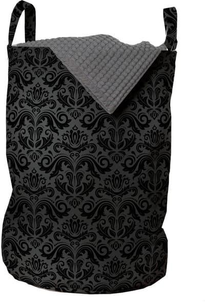 ABAKUHAUS donkergrijze waszak, zwarte damastbloemen, wasmand met handvatten en trekkoord voor wasserettes, Black Grey