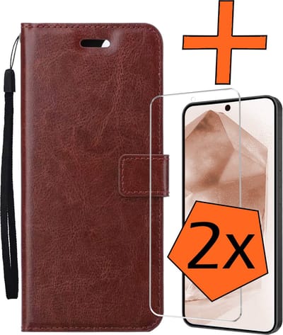Hoes - Met 2x Screenprotector - Geschikt voor Samsung Galaxy A55 - Luxe Pasjeshouder - Bookcase Portemonee - Flip Case - Kunstleer Book Case - Flipcase Hoes - Book Cover - Walletcase - PortemonneeHoes - Bruin