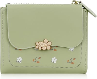 Vrouwelijke Kleine Handtas met Schattige Bloemen, Vouwbaar en Compact met ID Venster, Groen en Modern Design