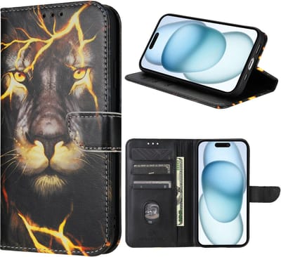 Geschikt voor iPhone 14 hoesje - Solidenz bookcase - Cover Hoes met Leeuwenhoofd - Leeuw hoesje - Met Pasjeshouder - Leeuw