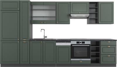 Vicco Fame-Line Complete keukeneenheid – 355 cm, WB Antraciet Groen-Goud Landhuis/Antraciet