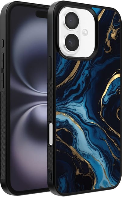 Smartphonica Telefoonhoesje Geschikt voor iPhone 16 Plus met marmer opdruk - TPU backcover case gold blue marble design - Goud Blauw geschikt voor iPhone 16 Plus