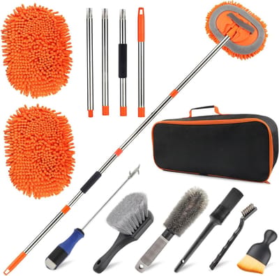 SAVI®Autowasborstel Telescopisch - Wasborstel Met Telescopische steel – Telescoop Wasborstel Met Zachte Borstel Haren – Oranje - 30cm x 20cmx 152cm