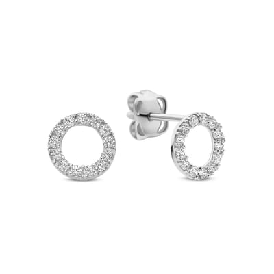 9NBG-1014 – New Bling – Oorbel cirkel met 26 zirkonia – 14kt witgoud – 6 mm (diameter)