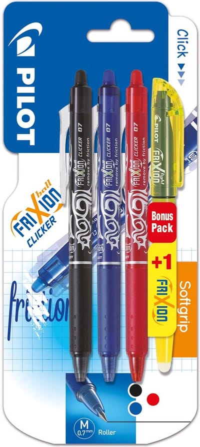 Pilot gelroller Frixion Ball Clicker, blister van 4 stuks (3 gelrollers + 1 markeerstift)