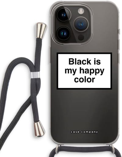 Case Company® - Hoesje met koord geschikt voor iPhone 14 Pro hoesje met Koord - Black is my happy color - Telefoonhoesje met Zwart Koord - Bescherming aan alle Kanten en Over de Schermrand
