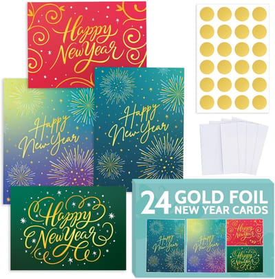 24 Elegante Nieuwjaarskaarten Set met Goudfolie, Enveloppen en Stickers - Universele Wensen