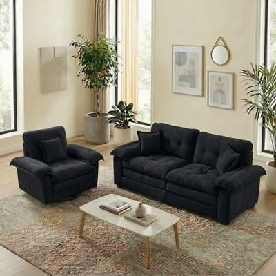 DESMIU Bank Set Van 2 - 3-Zits Met Diepe Zit En Sierkussens - Voor Woonkamer Appartement Kantoor Of Lounge - Chenille Zwart