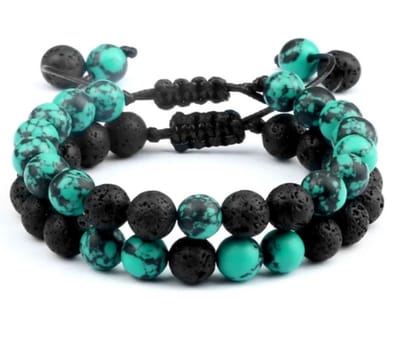 EmmyRovi Kralenarmband Set Zwart Turquoise – 2 Armbanden – Stoere Sieraden Set voor Hem en Haar