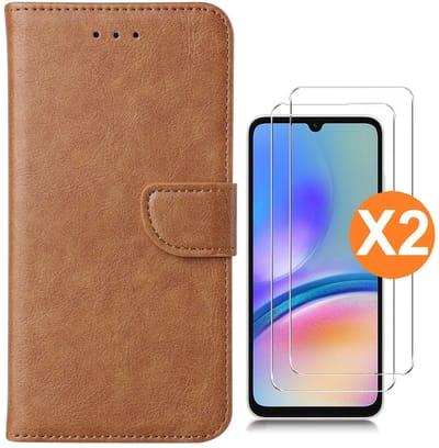 Hoesje geschikt voor Samsung Galaxy A05 bookcase Bruin - Met screenprotector tempered glass Galaxy A05 - 2x