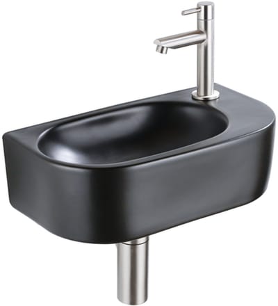 QeramiQ Fuente Fonteinset - 40x21.5x12cm - rechts - glad - halfrond - 1 kraangat - keramiek - fonteinkraan geborsteld rvs - afvoerplug - verlaagd sifon - zwart mat