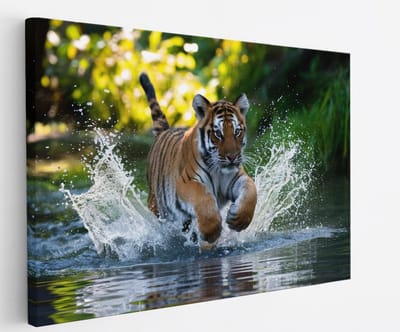 Saammp Canvas Schilderij - Tijger welp in het water - Natuur - Dieren - 45x30 - Foto op canvas - Wanddecoratie - muurdecoratie Woonkamer - Slaapkamer decoratie - Canvas Print
