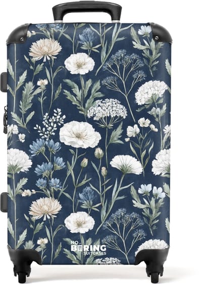 NoBoringSuitcases.com - Grote koffer - Bloemen patroon blauw - Kinderkoffer geschikt voor jongen en meisjes - Reiskoffer met 4 wielen - Trolley op wieltjes - Rolkoffer groot kinderen - 72 liter - Ruimbagage valies 20kg