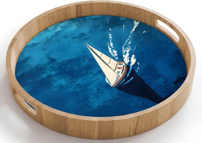 Dienblad rond 40x40 cm - Schootdienblad hout - Zeilboot - Water - Abstract - Schaduw - Borrelplank rechthoek - Plateau houten dienbladen