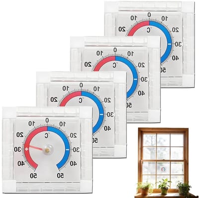 Set van 4 zelfklevende buitenthermometers, analoge temperatuurmeters voor ramen, weerbestendig en ideaal voor buitengebruik, 7.5 x 7.5 cm, nauwkeurige temperatuurmeting in huis en tuin