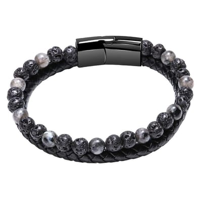 Fako Bijoux - Leren Natuurstenen Armband Heren - Zwart Leer - Zwarte & Agaat Natuursteen - 6mm - 21cm - Zwart/Agaat