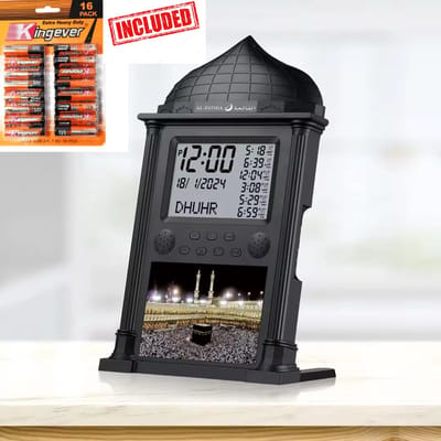 Yarvu ® - Azan Wekker Klok + 16 AA Batterijen Meegeleverd - 34*21 CM - Moslim - Islam - Gebedsklok - Gebed - Adhan - Ramadan Decoratie - Adan Alarm - Zwart