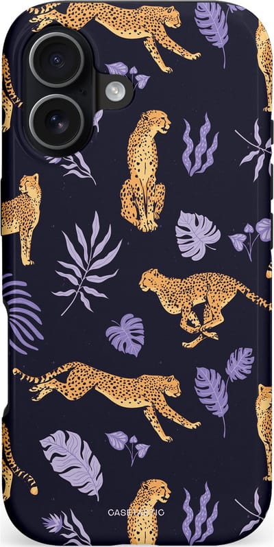 Casetastic hoesje geschikt voor Apple iPhone 17 - MagSafe - Dubbellaagse bescherming - Cheetah charisma - Fashion Case - Donkerblauw Lavendel Taupe Perzik