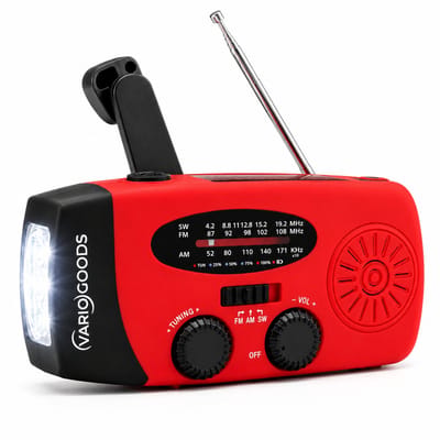 Variogoods Noodradio Solar - 2000mAh Powerbank - LED Zaklamp - Opwindbaar via Handcrank & Zonne-energie - AM/FM/SW - Voor Noodpakket & Camping - Rood