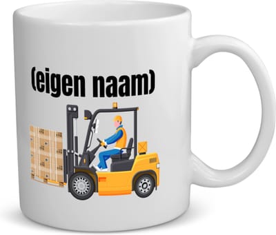 Akyol - heftruck met pallet met eigen naam koffiemok - theemok - Heftruck - mensen die werken in de magazijn - collega's - verjaardag - afscheidscadeau - geschenk - kado - 350 ML inhoud