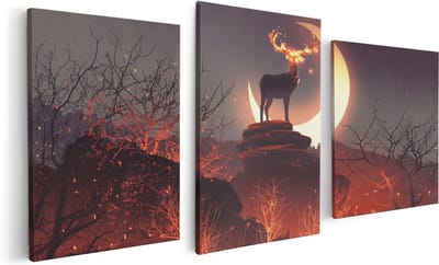 Artaza Canvas Schilderij Drieluik Hert Op Een Rots Tijdens Halve Maan - 120x60 cm - Wanddecoratie Woonkamer - Schilderijen - Muurdecoratie