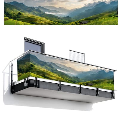 Balkonscherm 500x110 cm - Balkonposter Rijstvelden - Bergen - Groen - Natuur - Balkon scherm decoratie - Balkonschermen - Balkondoek zonnescherm