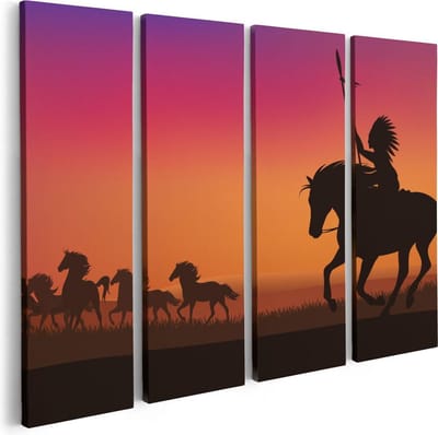 Artaza Canvas Schilderij Vierluik Silhouet van een Indiaan op een Paard - 80x60 - Foto Op Canvas - Canvas Print