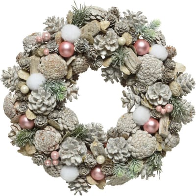 Kerstkrans/dennenkrans white wash met sneeuw en versiering 34 cm - Dennenkransen/deurkransen kerstversiering